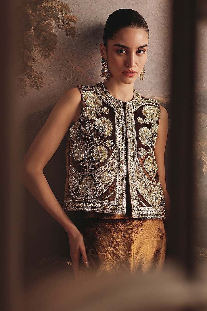 Clay Ochre Velvet Embellished Co-Ord Set by Payal & Zinal at Pernia's Pop Up Shop