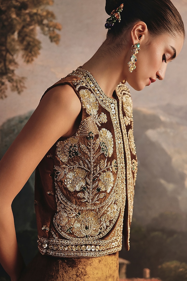 Clay Ochre Velvet Embellished Co-Ord Set by Payal & Zinal at Pernia's Pop Up Shop