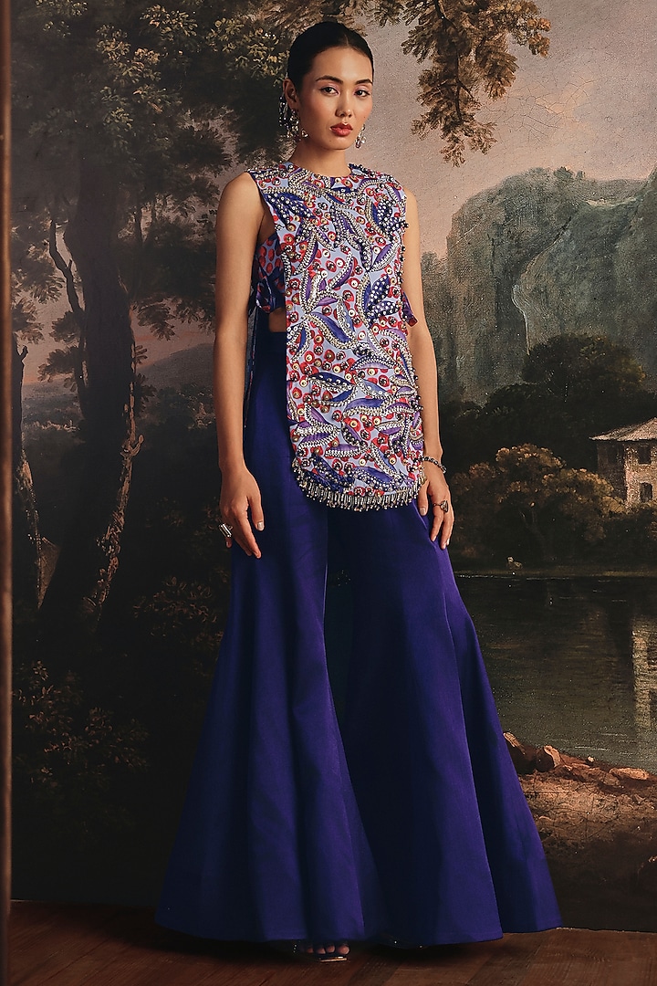 Navy Blue Gajji Silk Embellished Jacket Set by Payal & Zinal at Pernia's Pop Up Shop