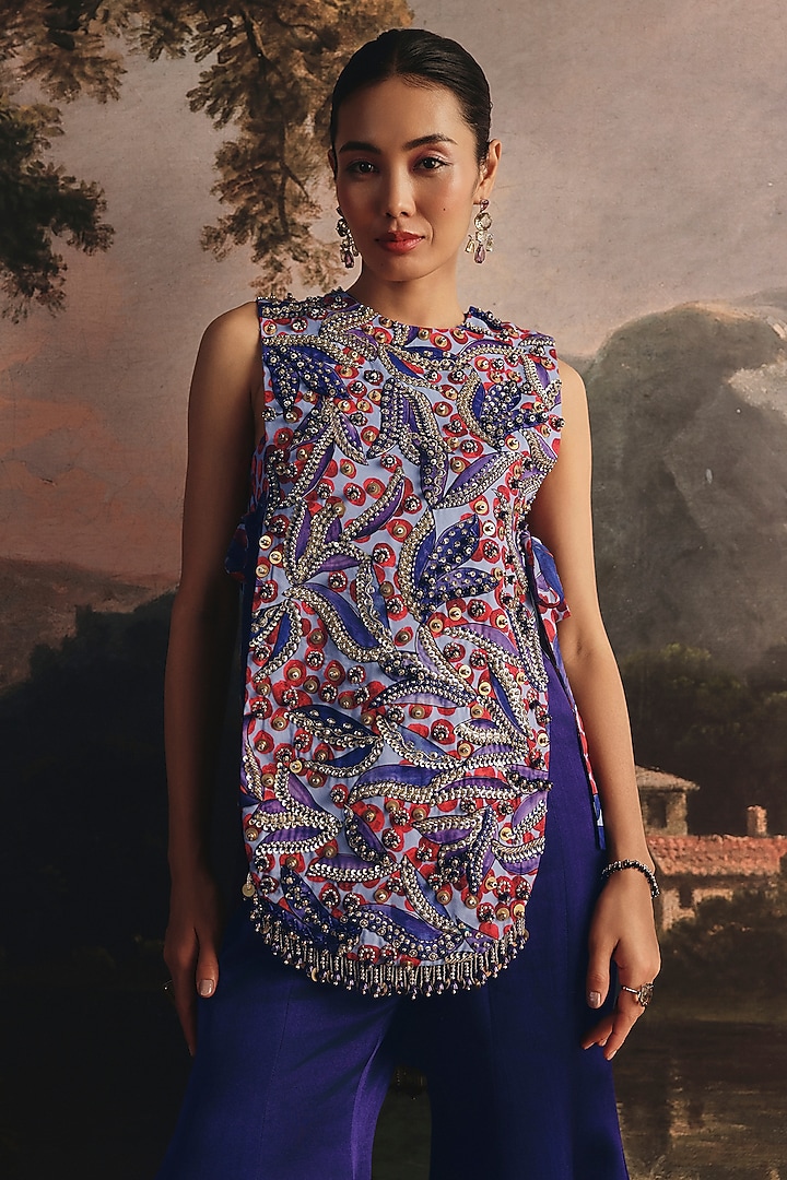 Navy Blue Gajji Silk Embellished Jacket Set by Payal & Zinal at Pernia's Pop Up Shop