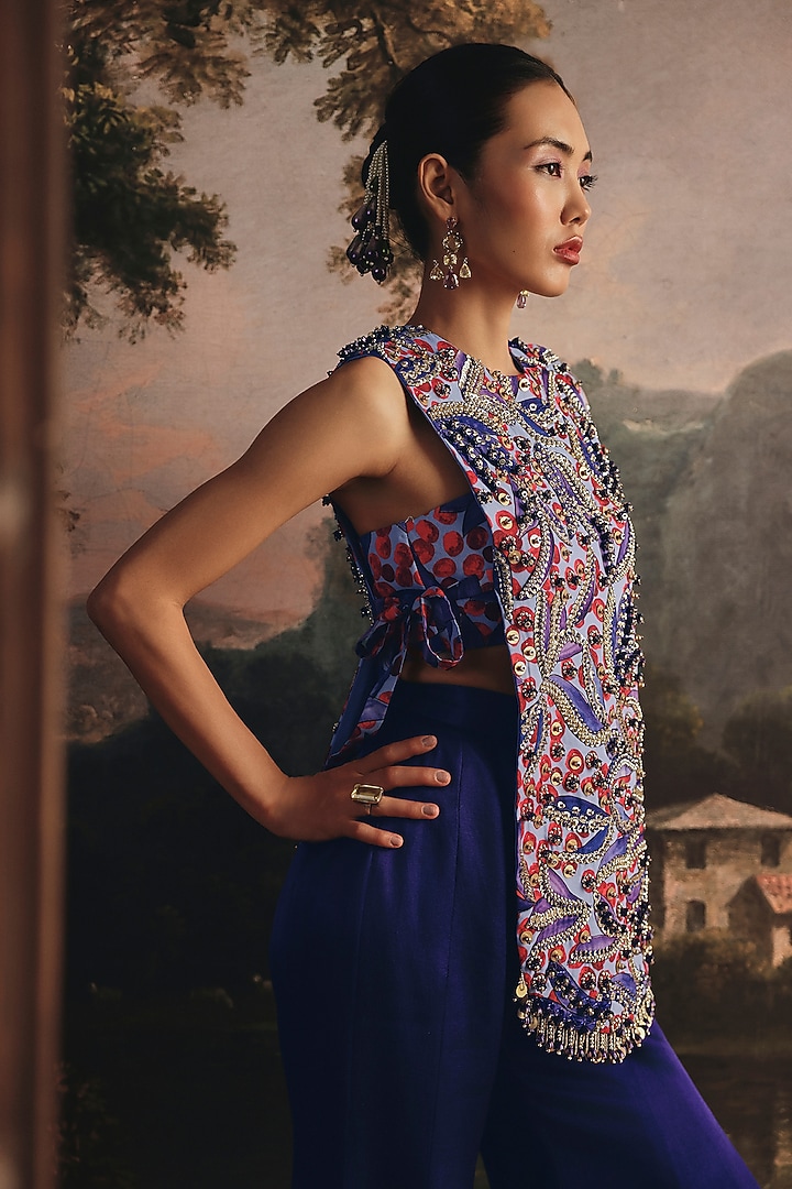 Navy Blue Gajji Silk Embellished Jacket Set by Payal & Zinal at Pernia's Pop Up Shop