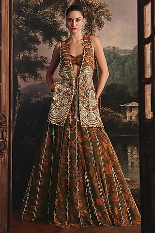 Saffron & Green Net Floral Printed & Embellished Jacket Lehenga Set by Payal & Zinal