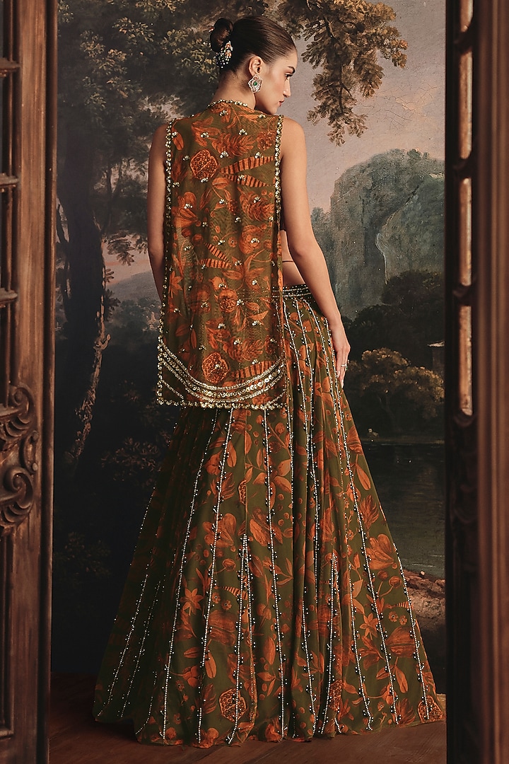 Saffron & Green Net Floral Printed & Embellished Jacket Wedding Lehenga Set by Payal & Zinal at Pernia's Pop Up Shop