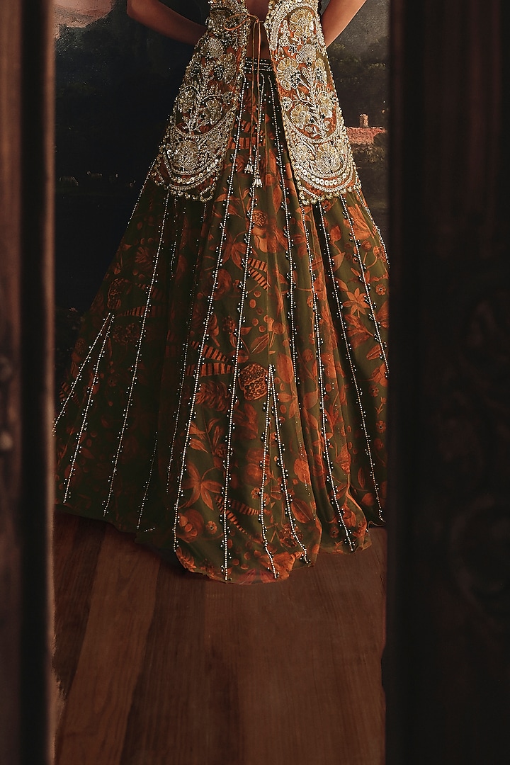 Saffron & Green Net Floral Printed & Embellished Jacket Wedding Lehenga Set by Payal & Zinal at Pernia's Pop Up Shop