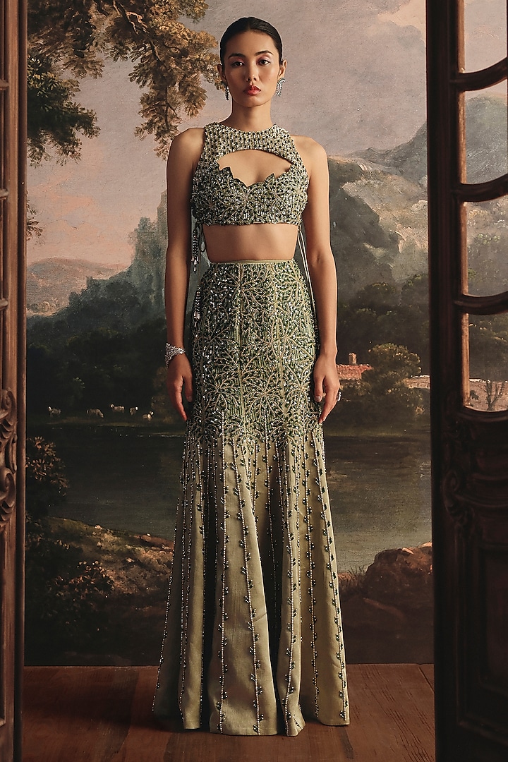 Moss Green Gajji Zardosi Embellished Mermaid Skirt Set by Payal & Zinal at Pernia's Pop Up Shop