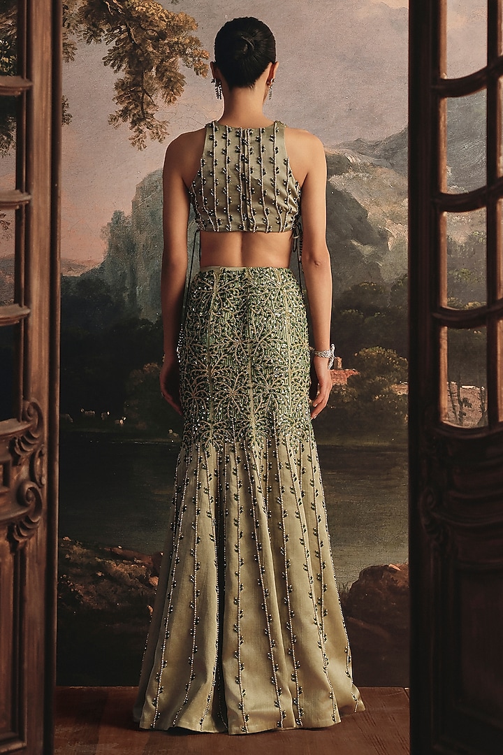 Moss Green Gajji Zardosi Embellished Mermaid Skirt Set by Payal & Zinal at Pernia's Pop Up Shop