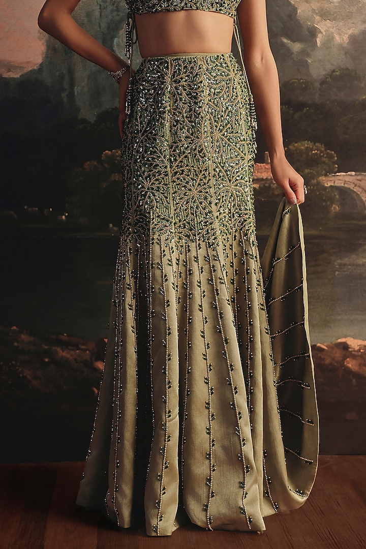 Moss Green Gajji Zardosi Embellished Mermaid Skirt Set by Payal & Zinal at Pernia's Pop Up Shop