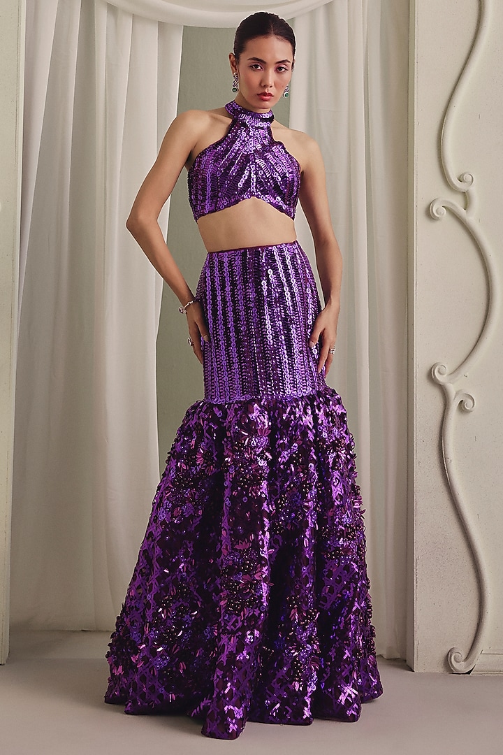 Purple Net Bead Embellished Mermaid Skirt Set by Payal & Zinal at Pernia's Pop Up Shop