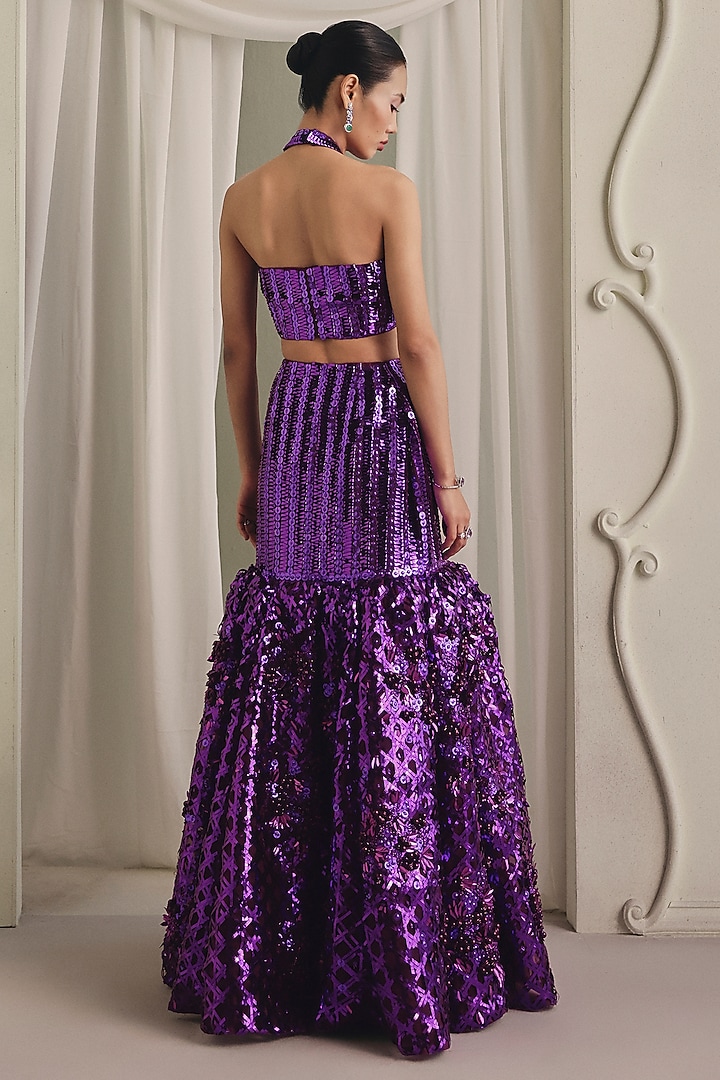 Purple Net Bead Embellished Mermaid Skirt Set by Payal & Zinal at Pernia's Pop Up Shop