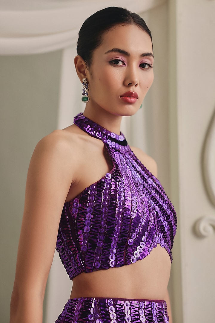 Purple Net Bead Embellished Mermaid Skirt Set by Payal & Zinal at Pernia's Pop Up Shop