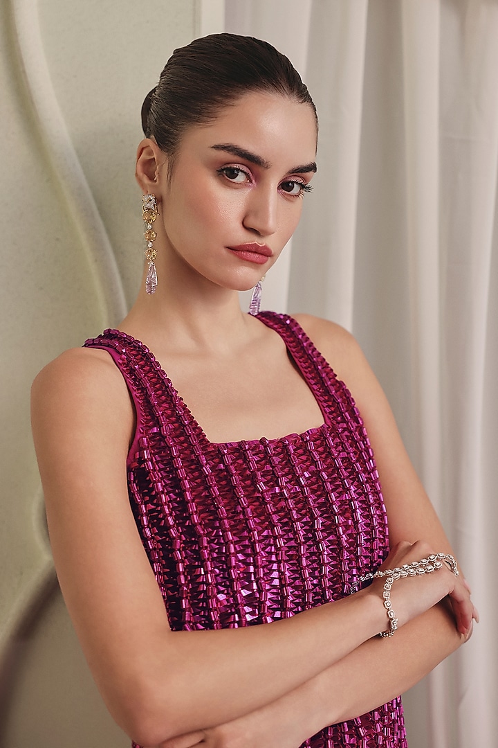 Magenta Net Embellished Mini Cocktail Dress by Payal & Zinal at Pernia's Pop Up Shop