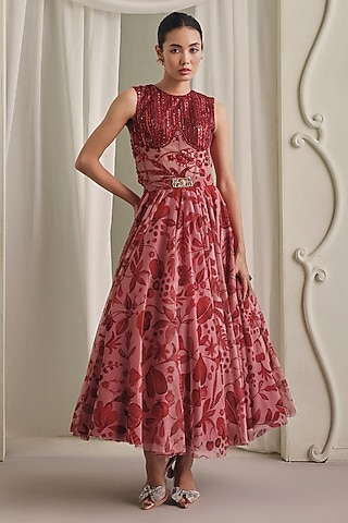 Pink Net Hand Embroidered Skirt Set by Payal & Zinal
