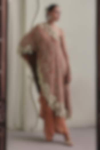 Coral Tissue Embellished Draped Skirt Set by Payal & Zinal at Pernia's Pop Up Shop