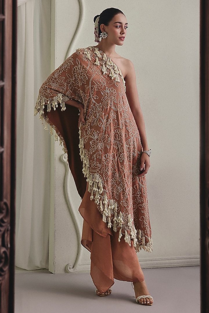 Coral Tissue Embellished Draped Skirt Set by Payal & Zinal at Pernia's Pop Up Shop