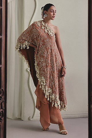 Coral Tissue Embellished Draped Skirt Set by Payal & Zinal
