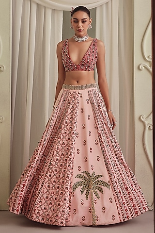Light Pink Velvet Embellished Lehenga Set by Payal & Zinal