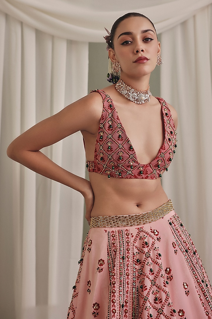 Light Pink Velvet Embellished Wedding Lehenga Set by Payal & Zinal at Pernia's Pop Up Shop