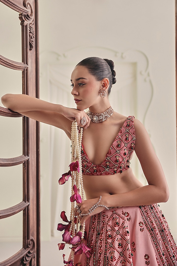 Light Pink Velvet Embellished Wedding Lehenga Set by Payal & Zinal at Pernia's Pop Up Shop