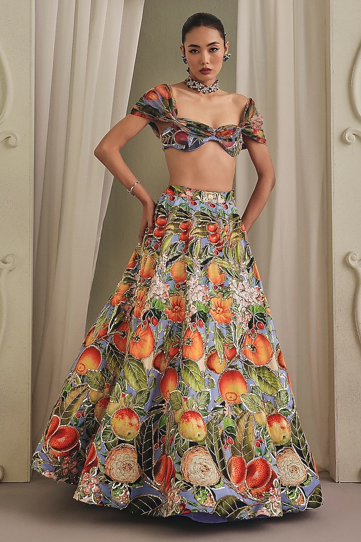 Multi-Colored Gajji Silk Floral Printed Wedding Lehenga Set by Payal & Zinal at Pernia's Pop Up Shop