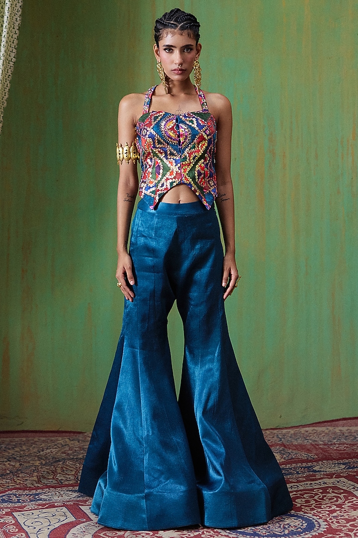 Peacock Blue Gajji Silk Flared Pant Set by Payal & Zinal at Pernia's Pop Up Shop