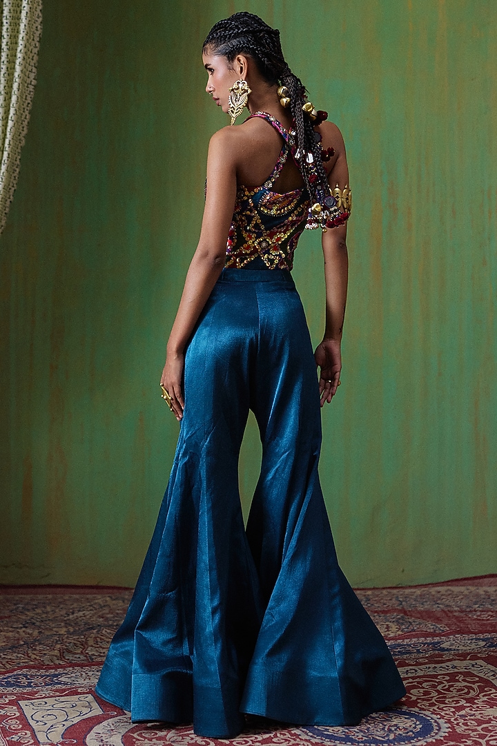 Peacock Blue Gajji Silk Flared Pant Set by Payal & Zinal at Pernia's Pop Up Shop