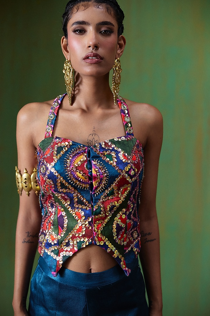 Peacock Blue Gajji Silk Flared Pant Set by Payal & Zinal at Pernia's Pop Up Shop