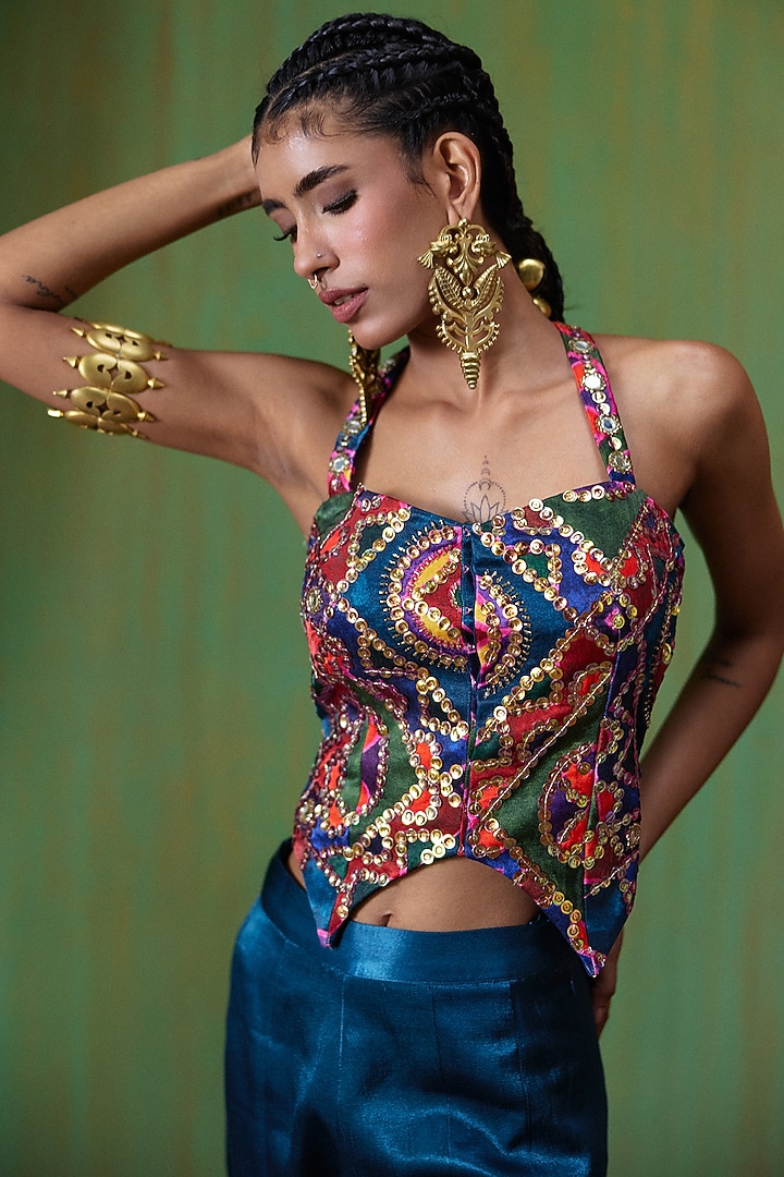Peacock Blue Gajji Silk Flared Pant Set by Payal & Zinal at Pernia's Pop Up Shop