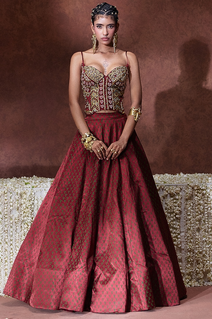 Maroon Gajji Thread Embroidered Skirt Set by Payal & Zinal at Pernia's Pop Up Shop