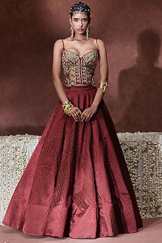 Maroon Gajji Thread Embroidered Skirt Set by Payal & Zinal