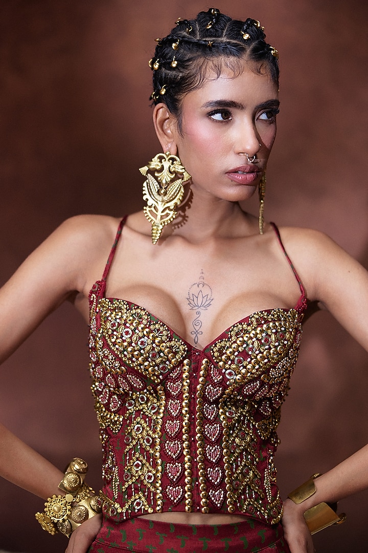 Maroon Gajji Thread Embroidered Skirt Set by Payal & Zinal at Pernia's Pop Up Shop