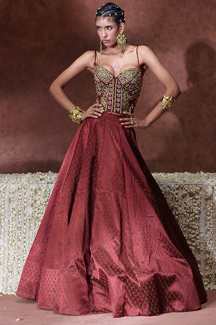 Maroon Gajji Thread Embroidered Skirt Set by Payal & Zinal at Pernia's Pop Up Shop