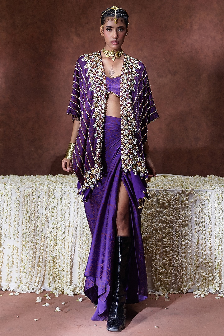 Purple Gajji Silk Embroidered Kaftan Set by Payal & Zinal at Pernia's Pop Up Shop