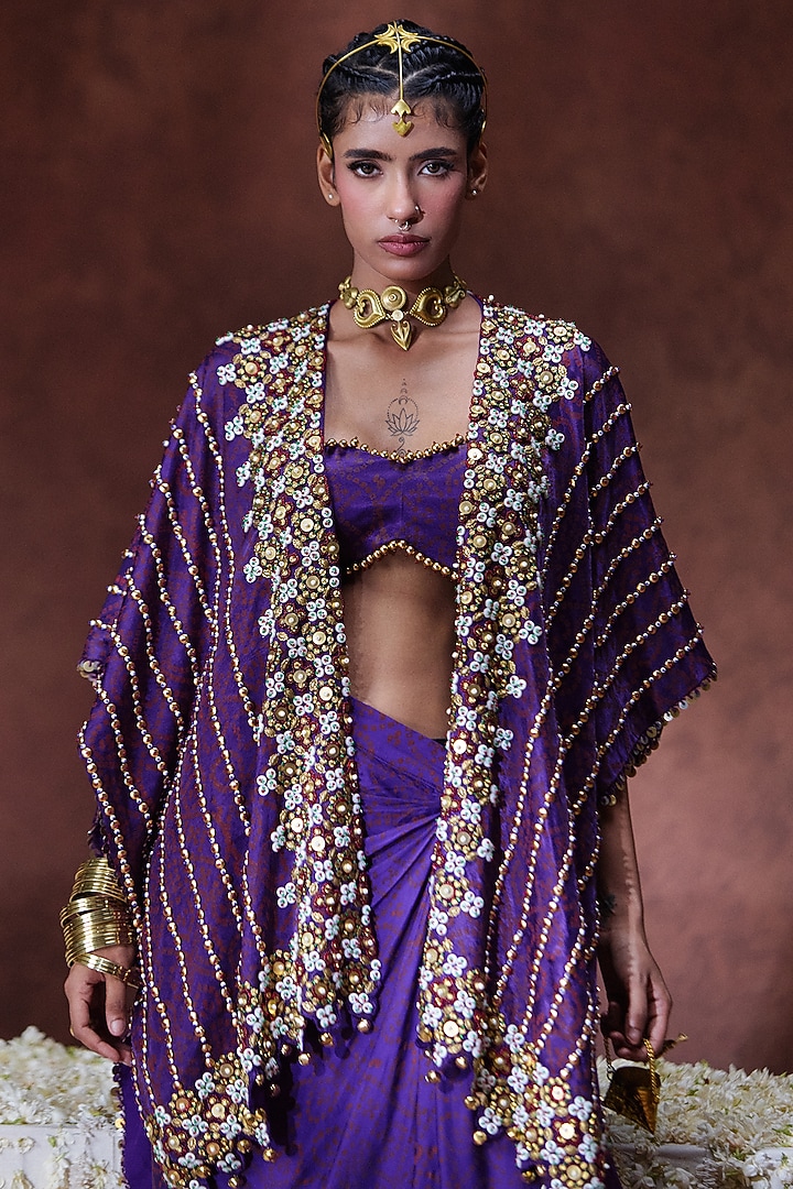 Purple Gajji Silk Embroidered Kaftan Set by Payal & Zinal at Pernia's Pop Up Shop