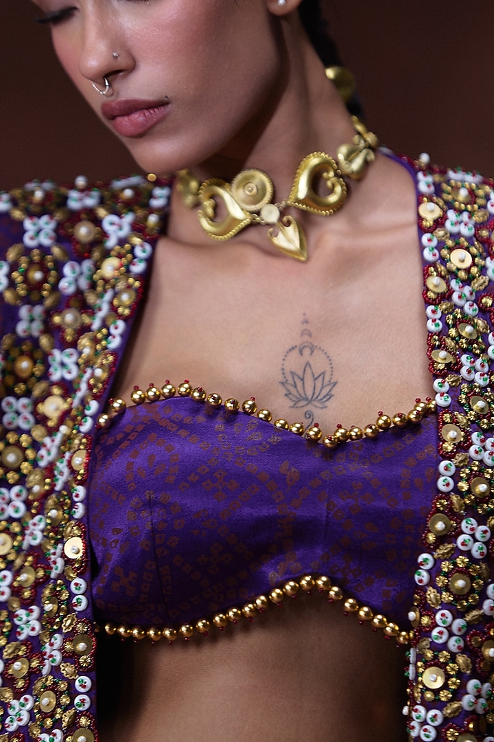 Purple Gajji Silk Embroidered Kaftan Set by Payal & Zinal at Pernia's Pop Up Shop
