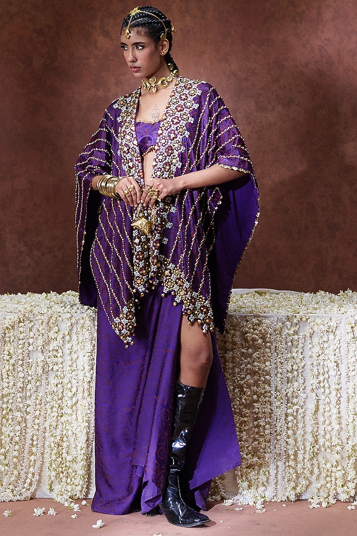 Purple Gajji Silk Embroidered Kaftan Set by Payal & Zinal at Pernia's Pop Up Shop