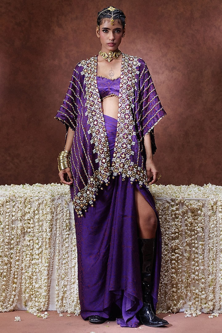 Purple Gajji Silk Embroidered Kaftan Set by Payal & Zinal at Pernia's Pop Up Shop
