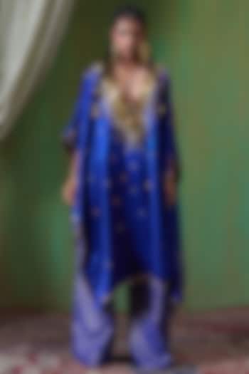 Blue Gajji Silk Embroidered Asymmetrical Kaftan Set by Payal & Zinal at Pernia's Pop Up Shop