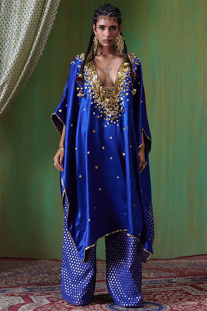 Blue Gajji Silk Embroidered Asymmetrical Kaftan Set by Payal & Zinal at Pernia's Pop Up Shop
