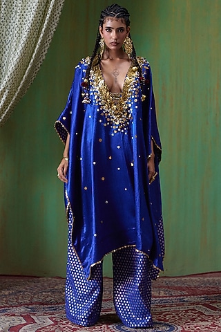 Blue Gajji Silk Embroidered Asymmetrical Kaftan Set by Payal & Zinal