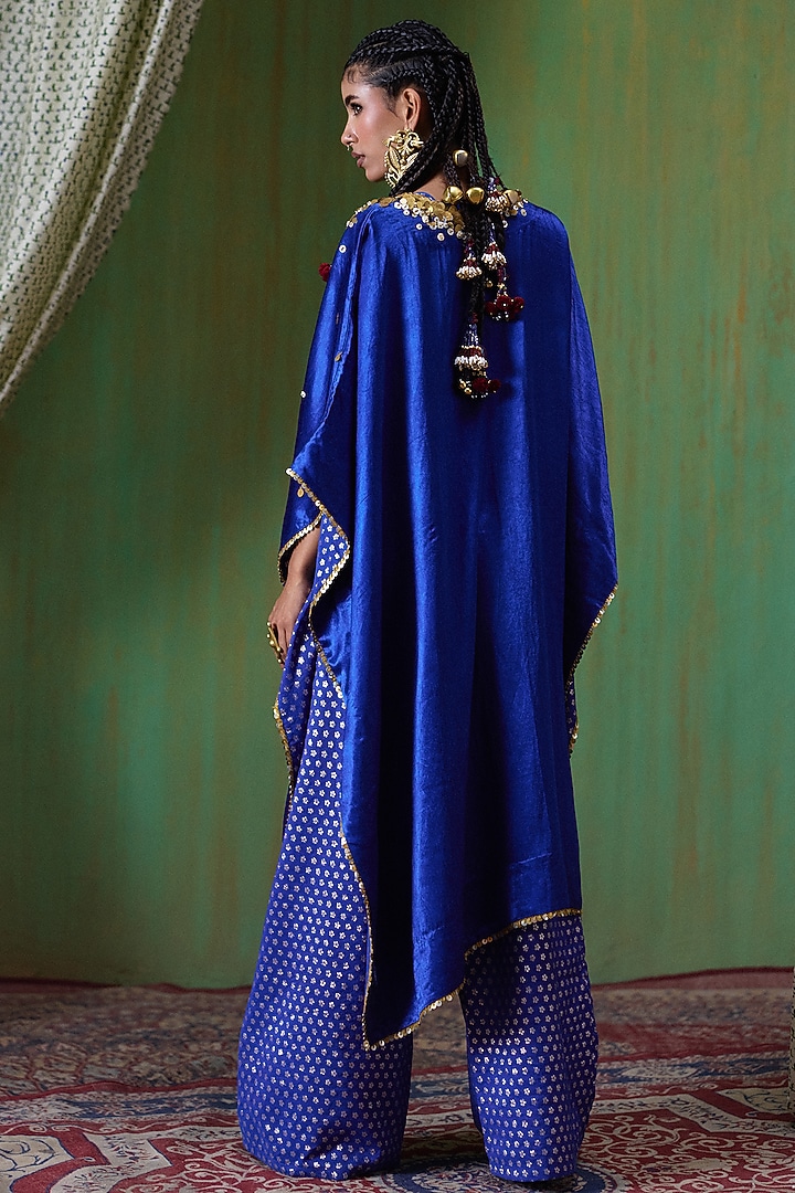 Blue Gajji Silk Embroidered Asymmetrical Kaftan Set by Payal & Zinal at Pernia's Pop Up Shop