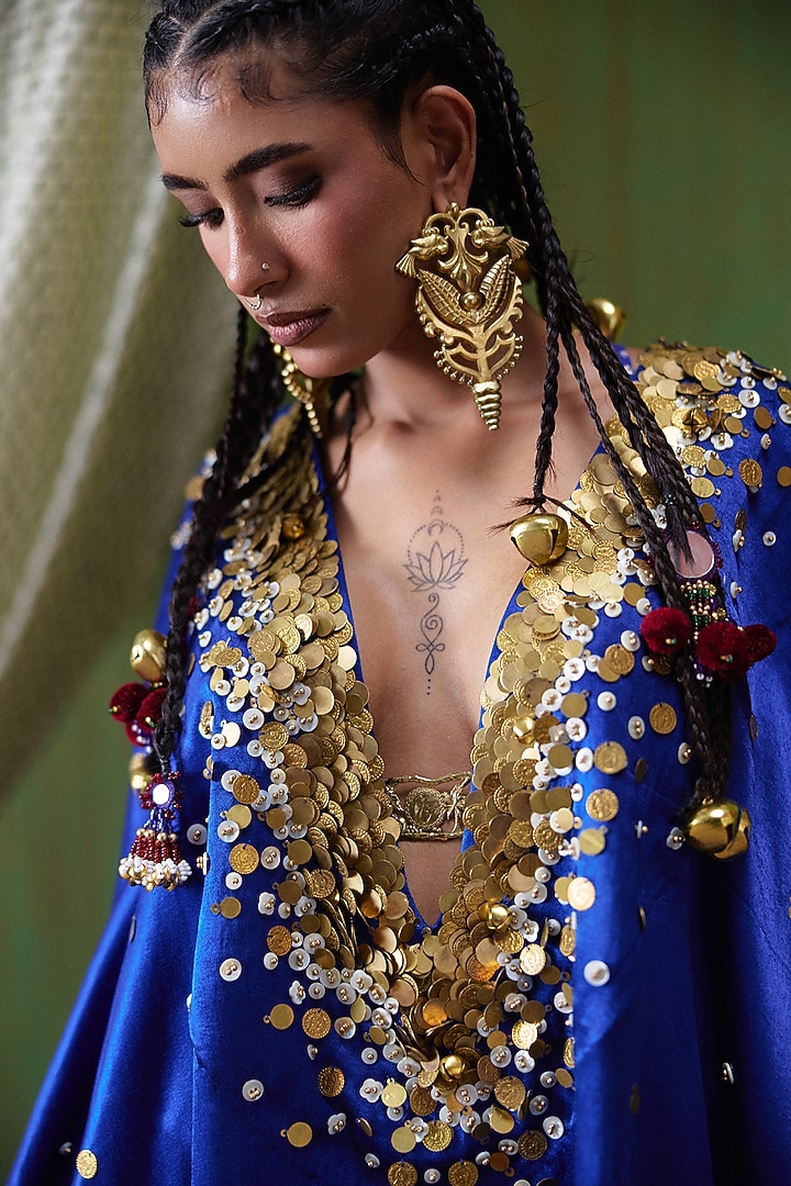 Blue Gajji Silk Embroidered Asymmetrical Kaftan Set by Payal & Zinal at Pernia's Pop Up Shop
