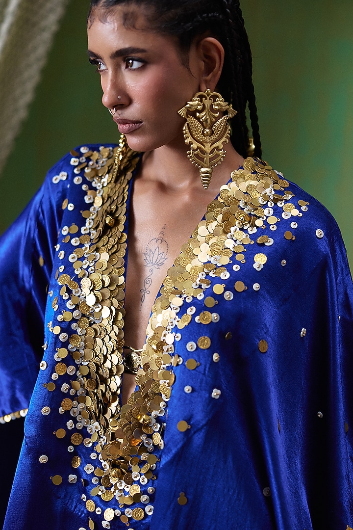 Blue Gajji Silk Embroidered Asymmetrical Kaftan Set by Payal & Zinal at Pernia's Pop Up Shop
