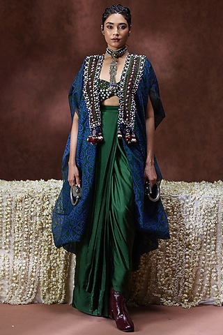 Olive Green Gajji & Organza Kaftan Set by Payal & Zinal