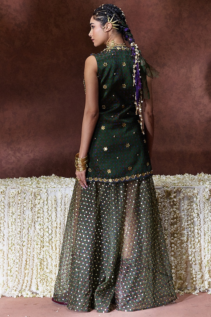 Olive Green Gajji Coin Embellished Jacket Set by Payal & Zinal at Pernia's Pop Up Shop