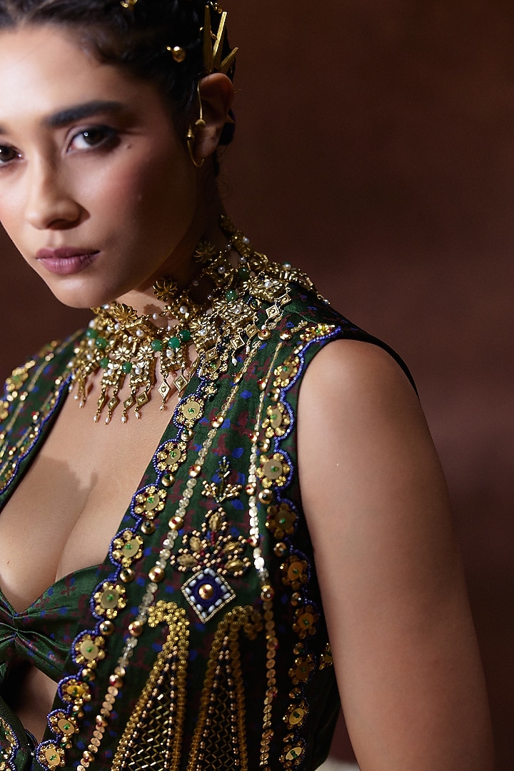 Olive Green Gajji Coin Embellished Jacket Set by Payal & Zinal at Pernia's Pop Up Shop