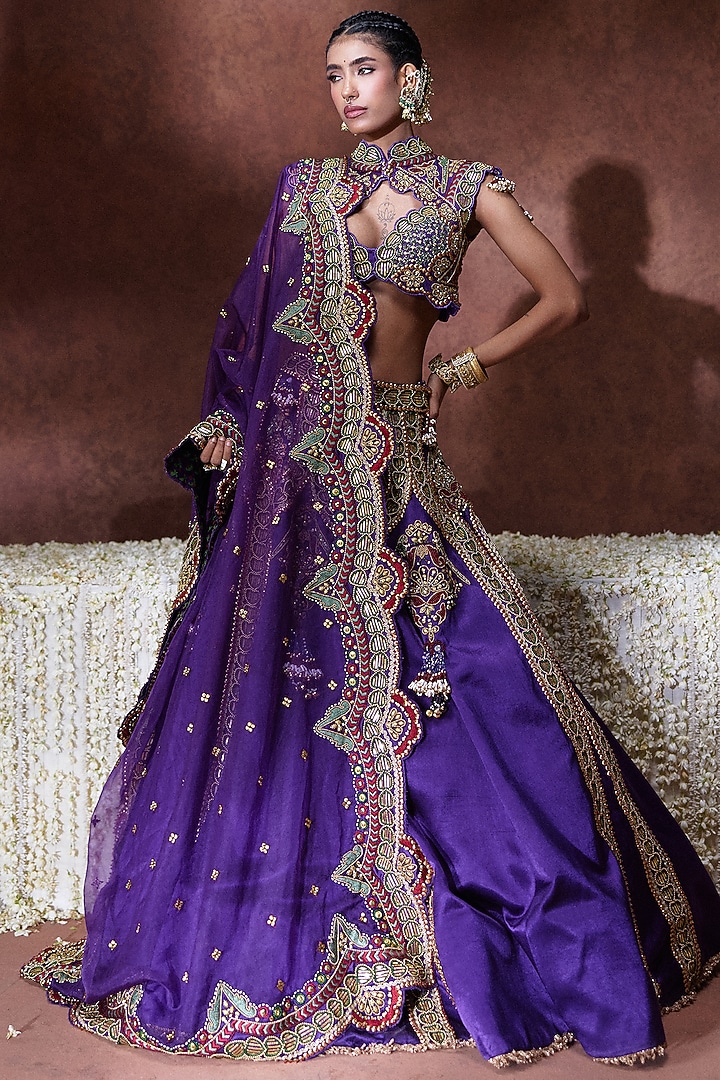 Purple Gajji Golden Embroidered Bridal Lehenga Set by Payal & Zinal at Pernia's Pop Up Shop