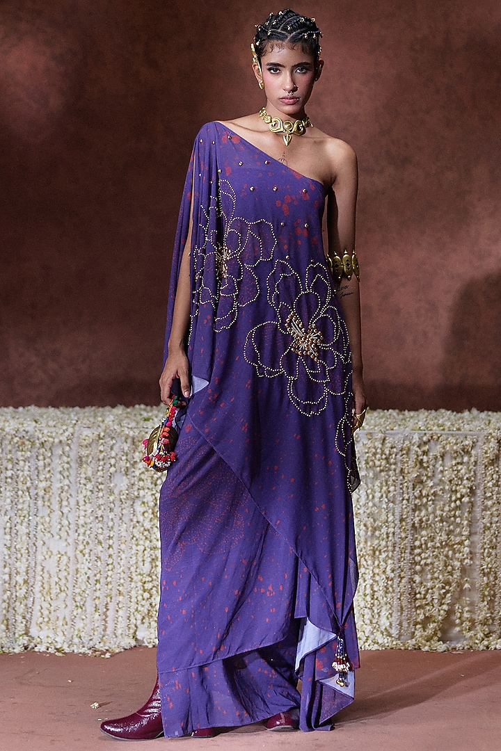 Purple Chiffon Sculpted One-Shoulder Kaftan Set by Payal & Zinal at Pernia's Pop Up Shop