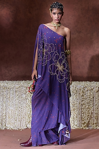 Purple Chiffon Sculpted One-Shoulder Kaftan Set by Payal & Zinal