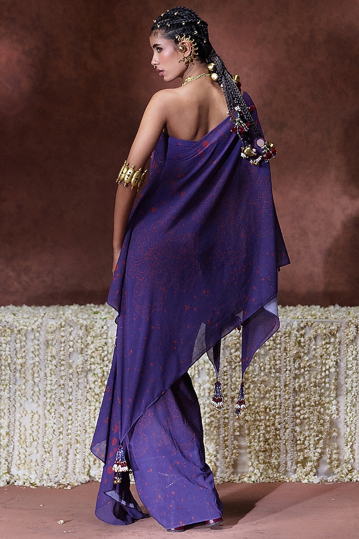 Purple Chiffon Sculpted One-Shoulder Kaftan Set by Payal & Zinal at Pernia's Pop Up Shop