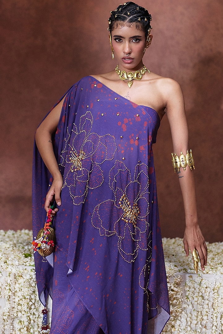 Purple Chiffon Sculpted One-Shoulder Kaftan Set by Payal & Zinal at Pernia's Pop Up Shop